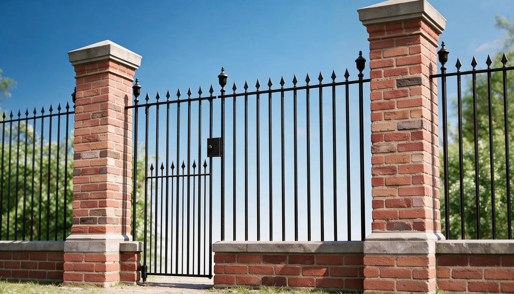 Wrought iron gate and railing panel between brick piers, with lettered markers identifying each component