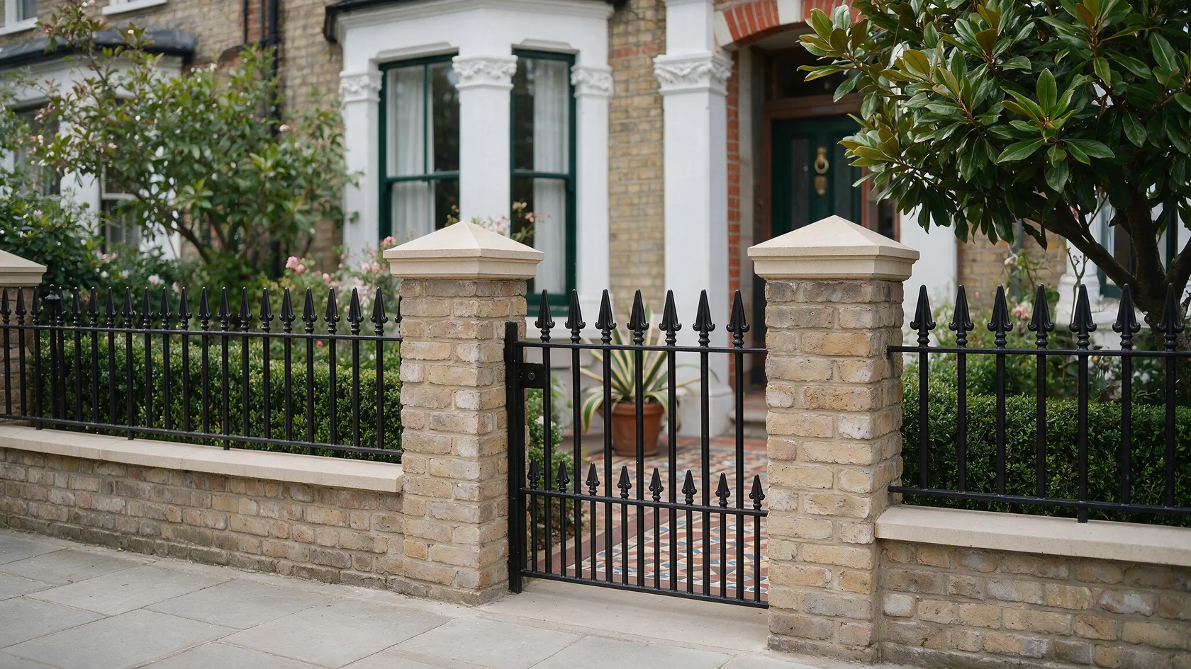 Heavy gauge MN162 railings and garden gate on a stone-capped brick dwarf wall