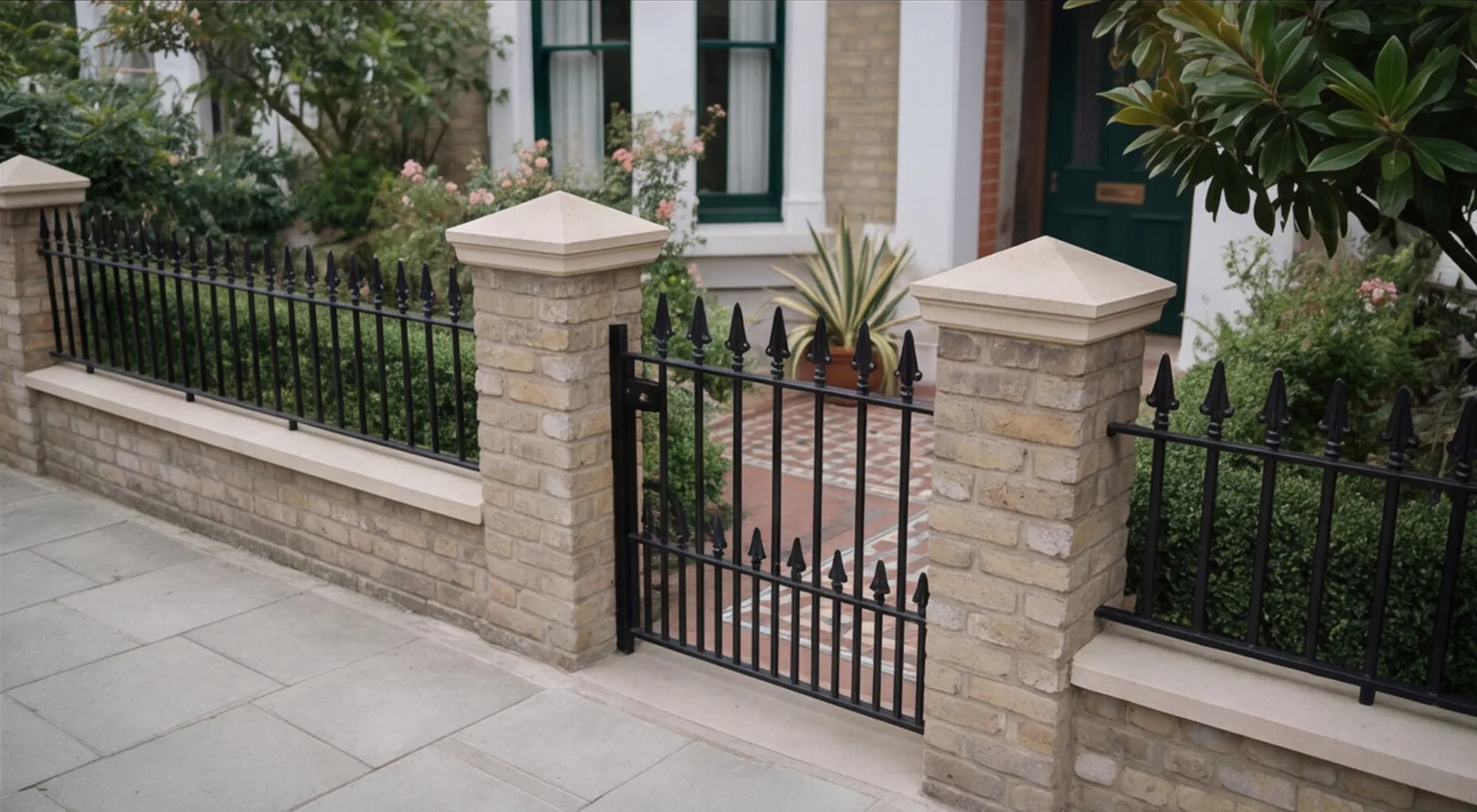 MN162 side gate and railings between brick piers