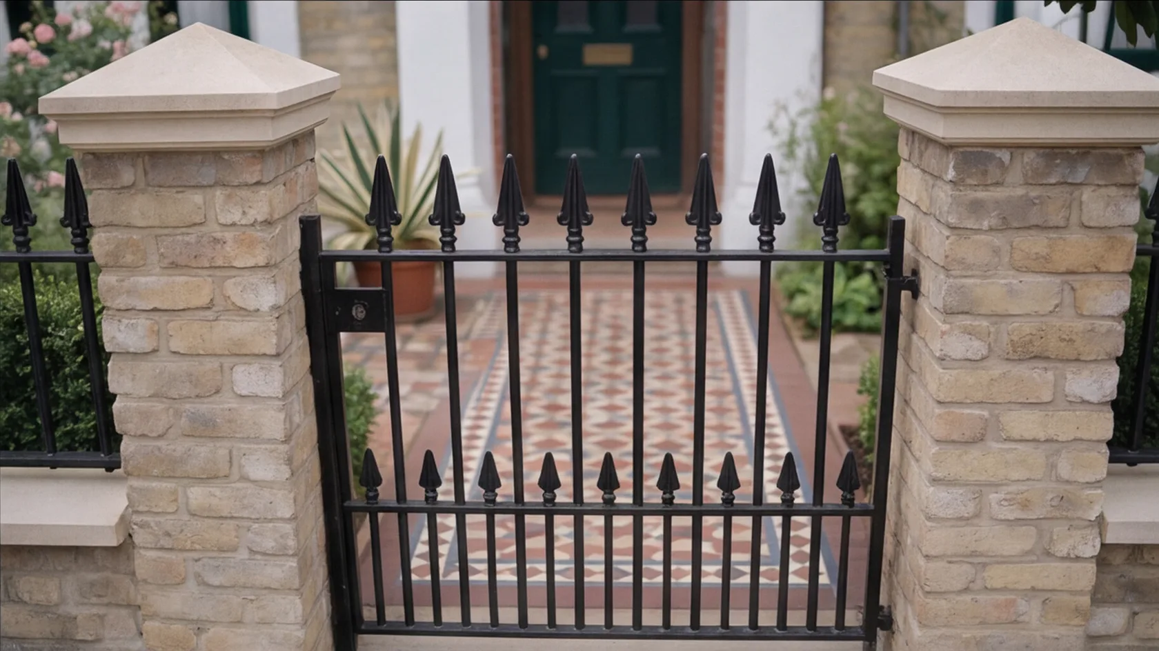 Heavy gauge MN162 garden gate, hung between brick piers