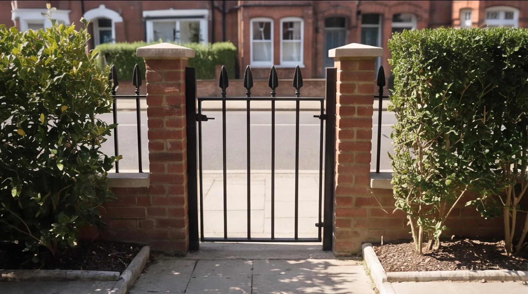 MN188 side gate, hung between brick piers